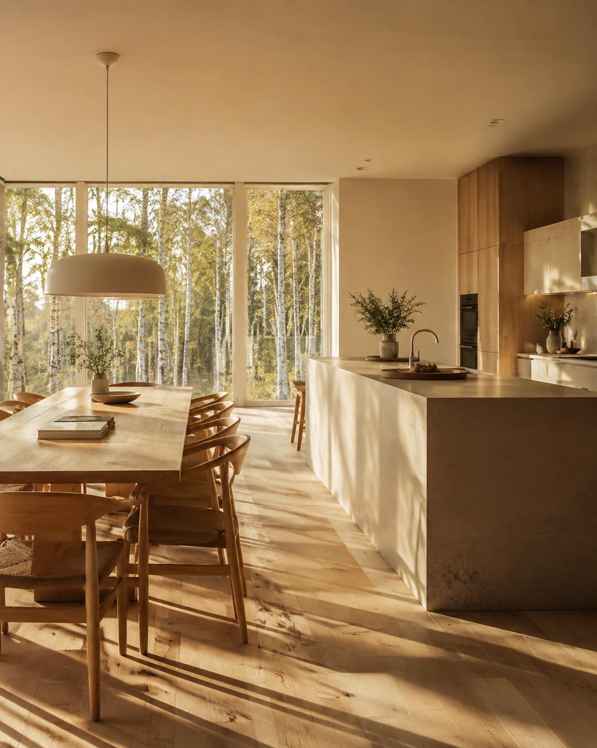 Oak dining table and stone island in golden afternoon light