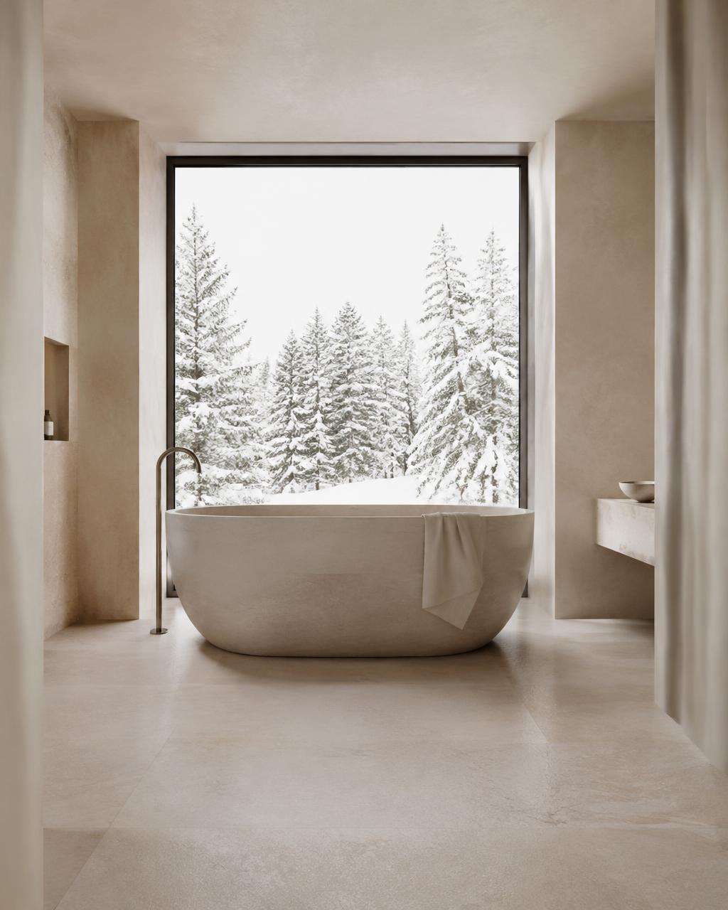Limestone bath facing snow-laden spruce