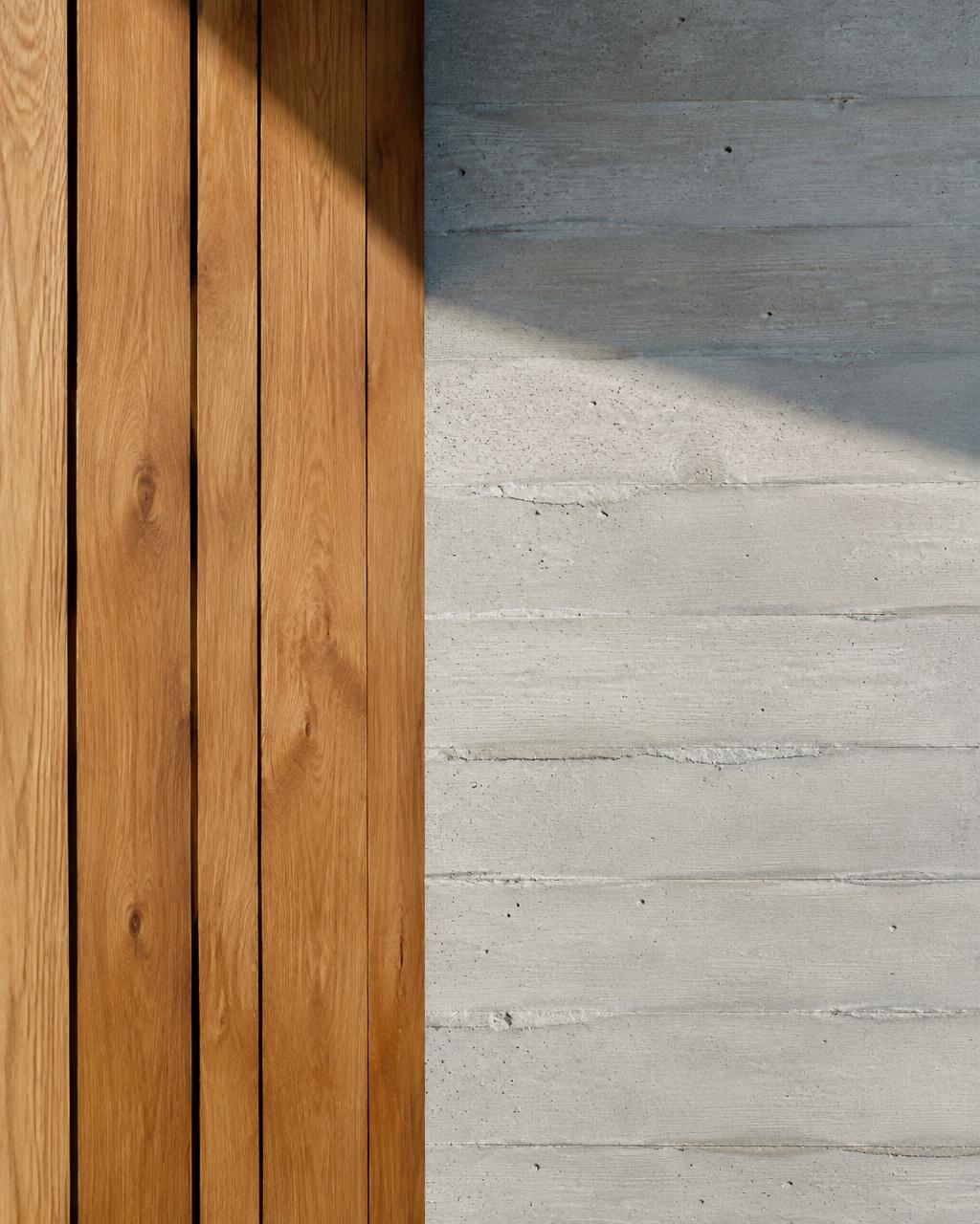 Oak cladding meeting board-marked concrete in raking sunlight