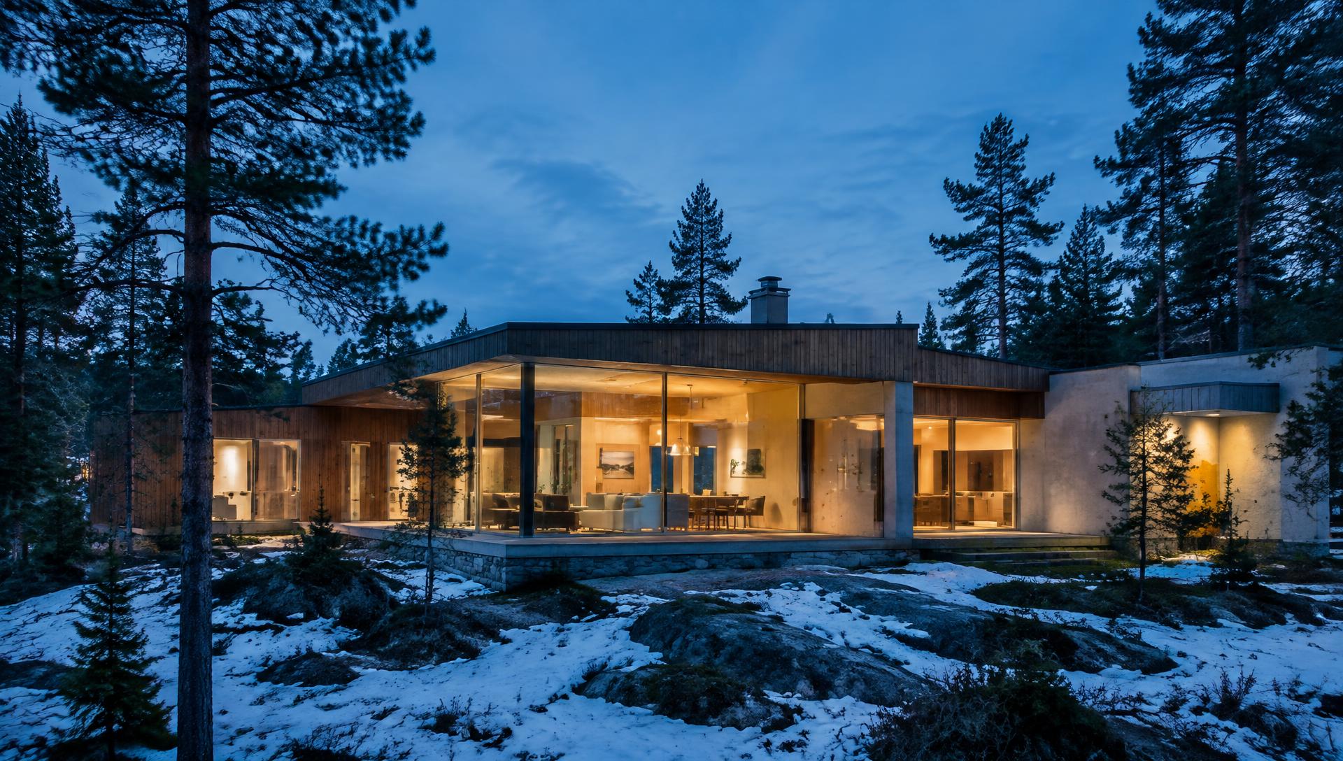 Casa Lumen at blue hour, its glass walls glowing among pines and snow
