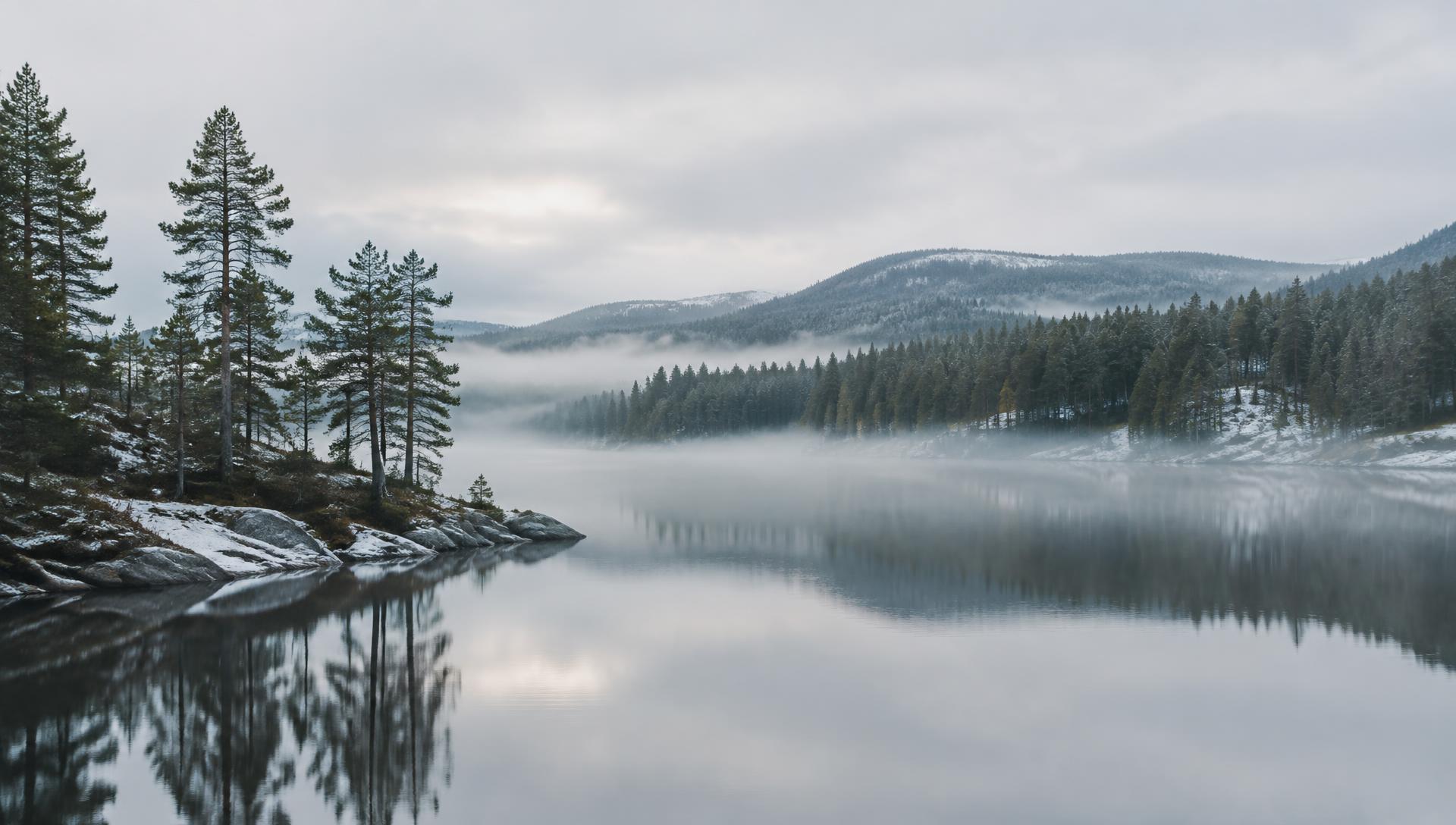 A still lake and pine forest in winter mist near Oslo