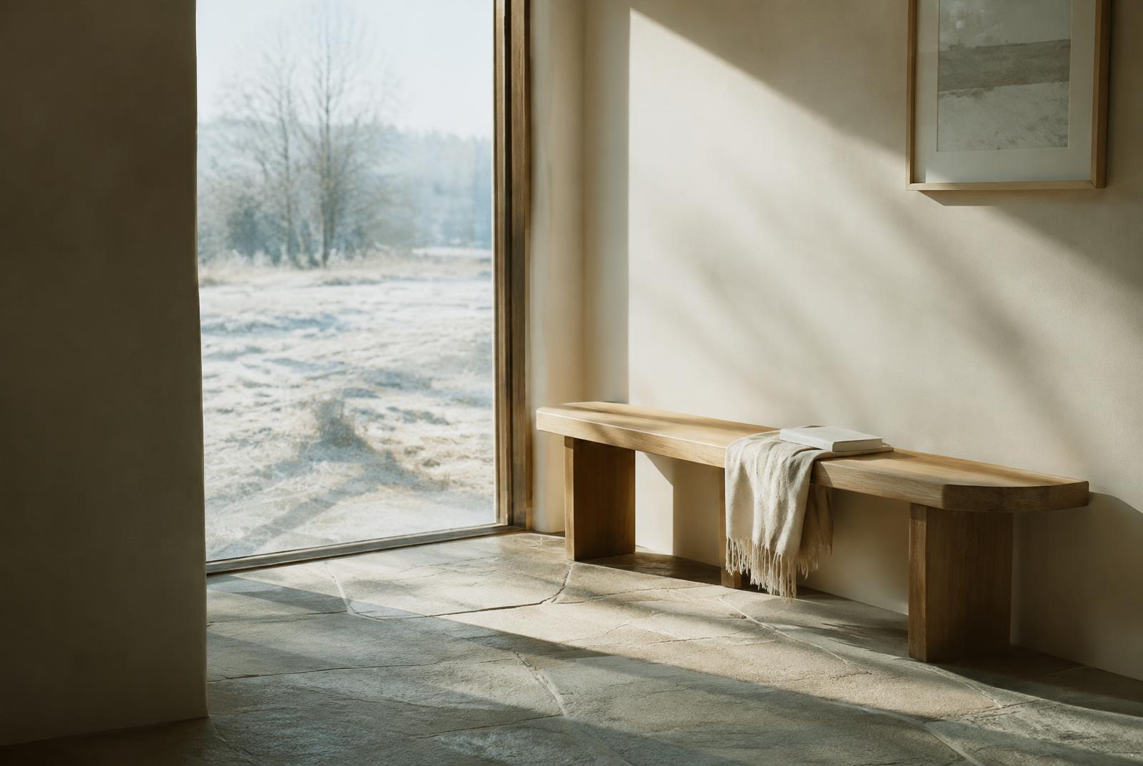 Morning sun across a stone floor and oak bench