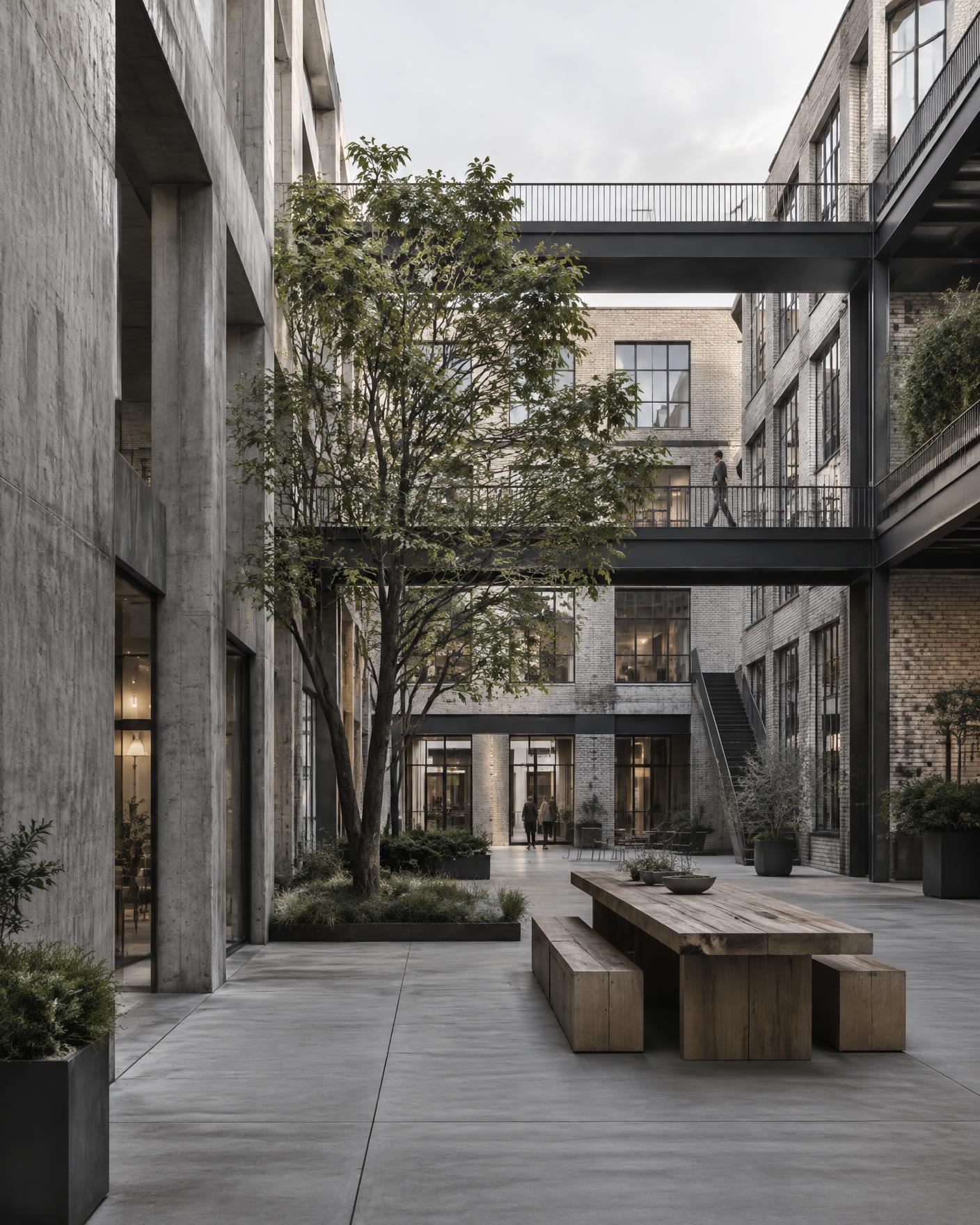 Concrete and pale brick courtyard at The Foundry