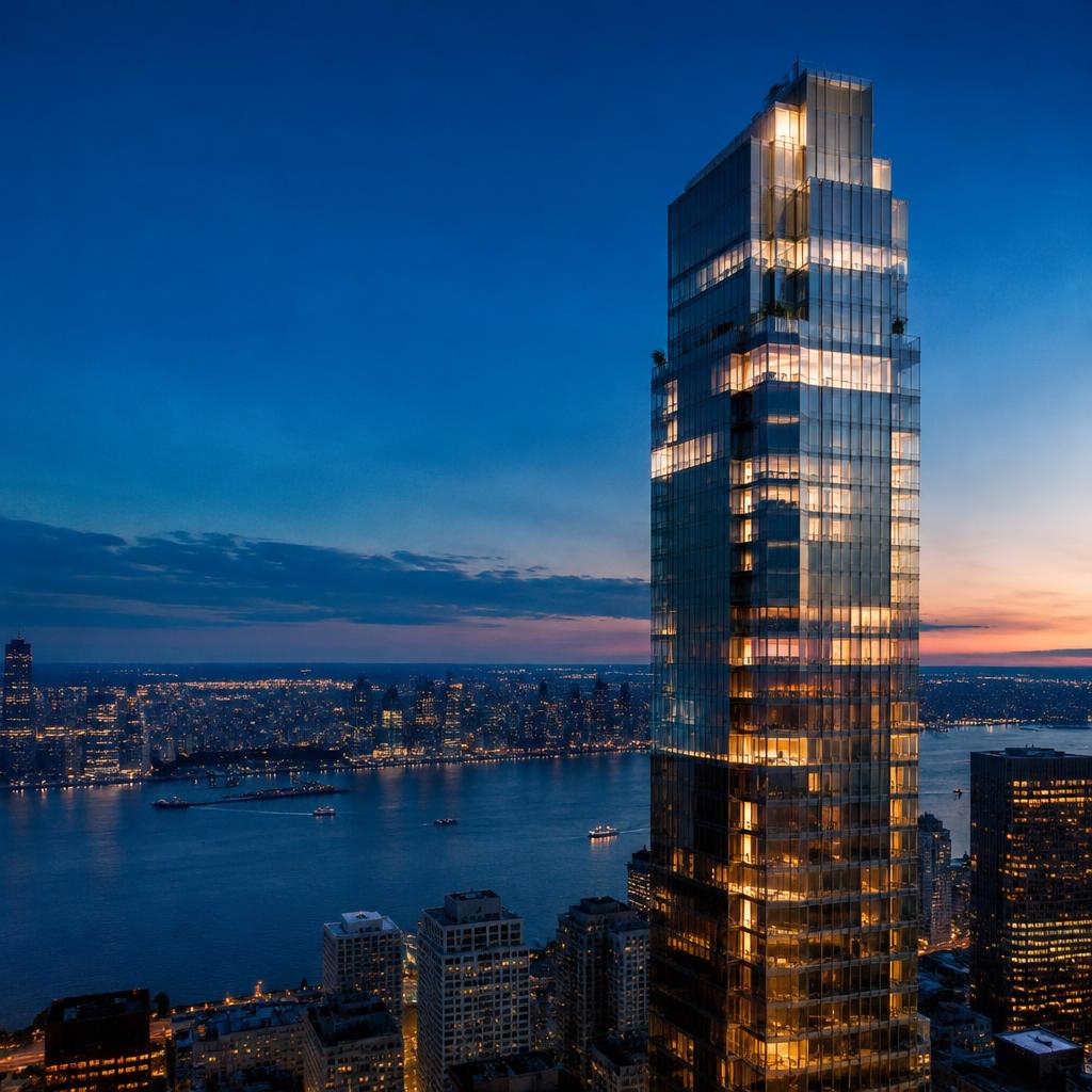 The Meridian tower at dusk above the Hudson