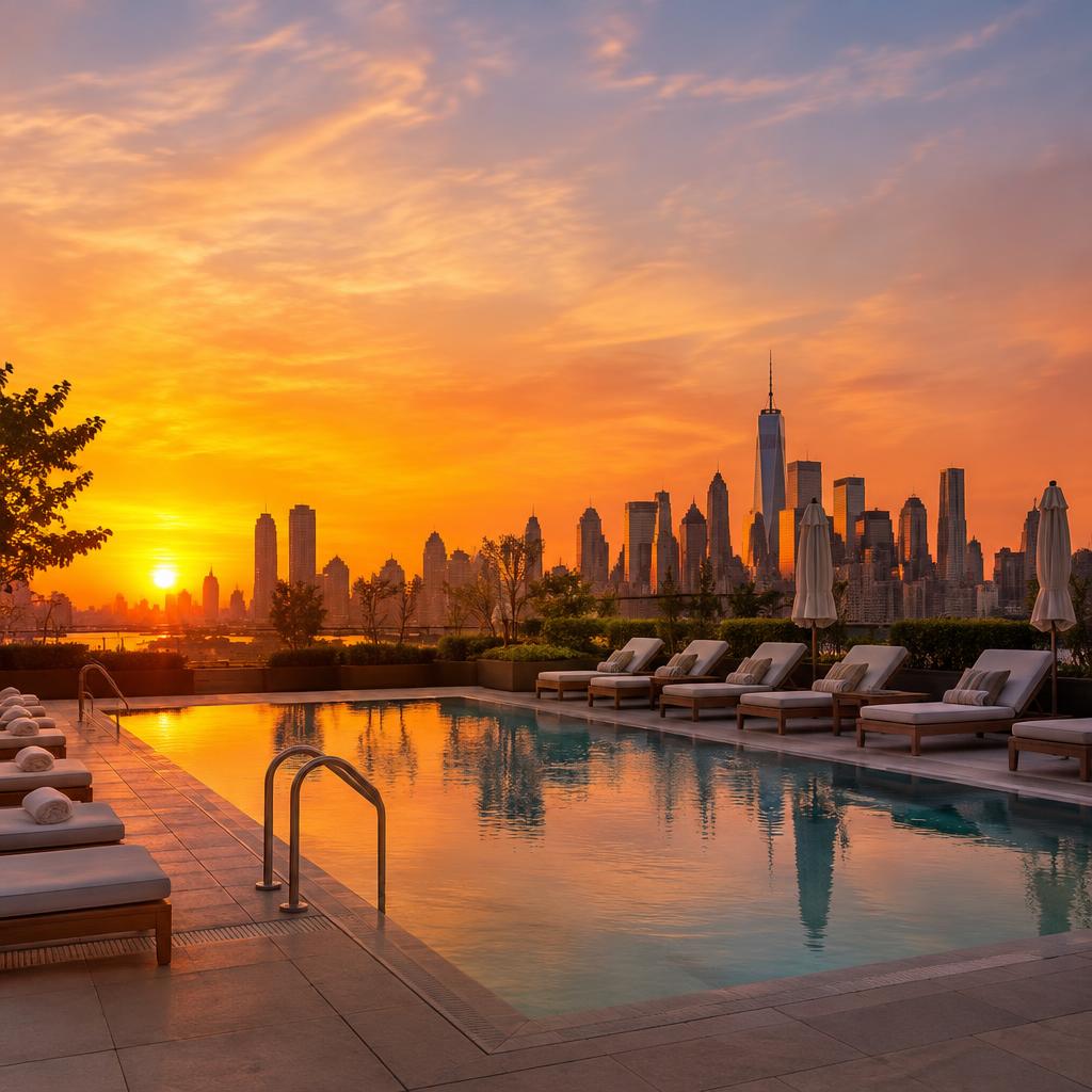Rooftop pool at sunset over the Manhattan skyline
