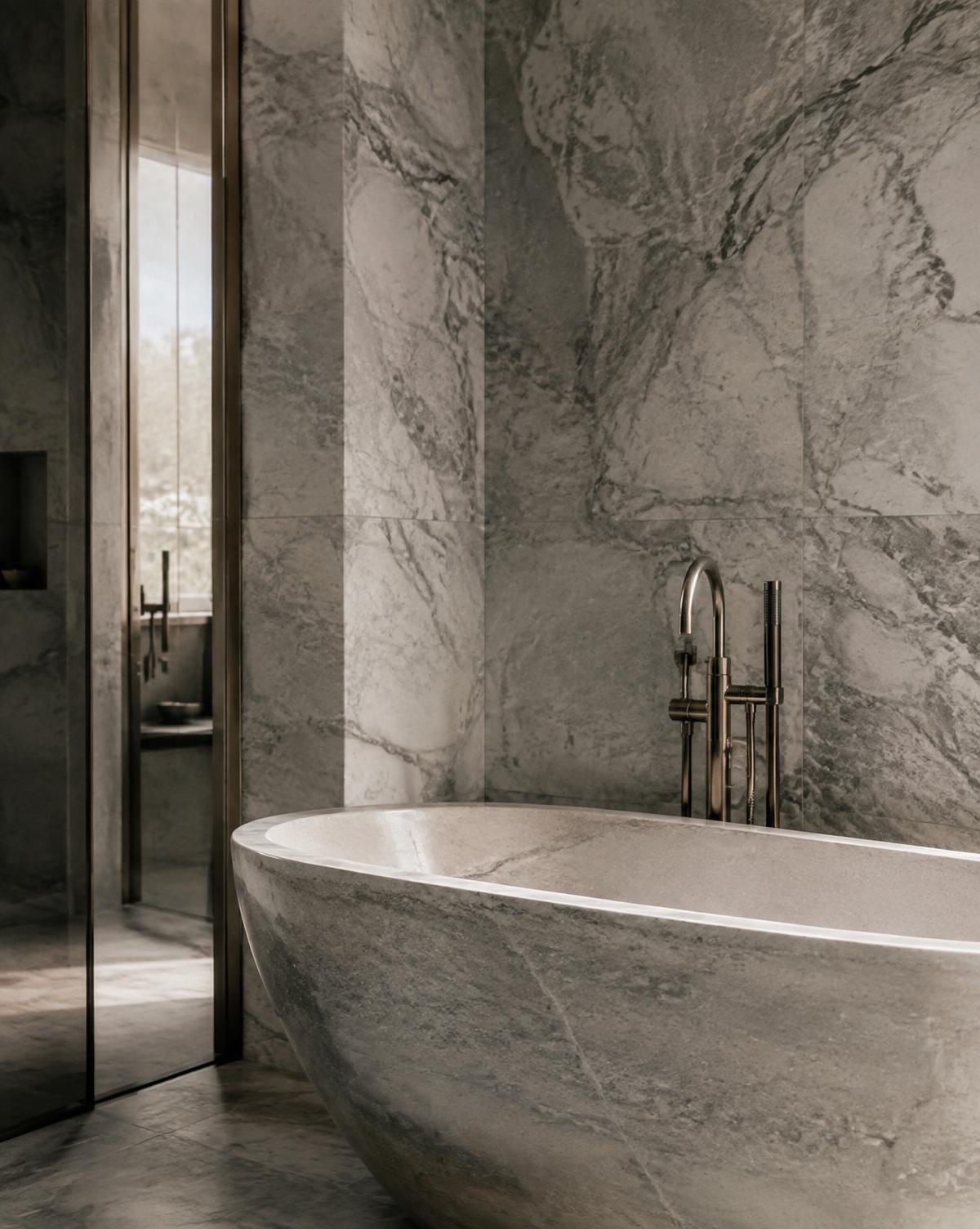 Freestanding stone bathtub against veined marble