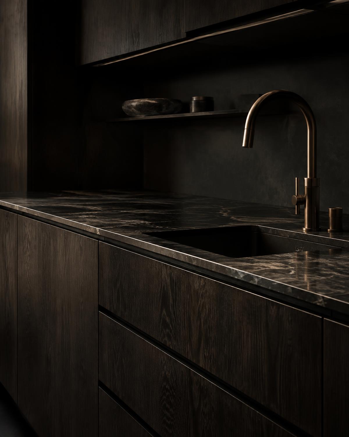Bronze tap and black marble worktop detail