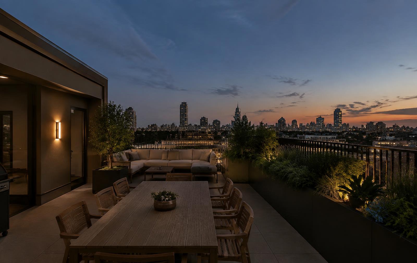 Rooftop terrace at dusk over London