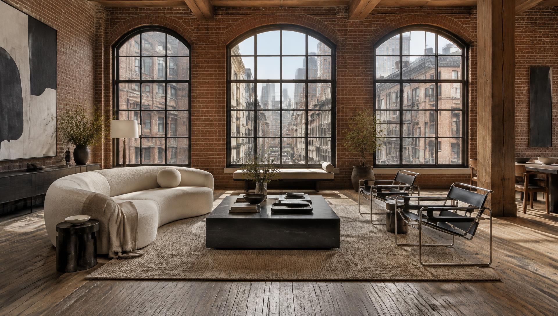 Brick and timber Tribeca loft with arched warehouse windows