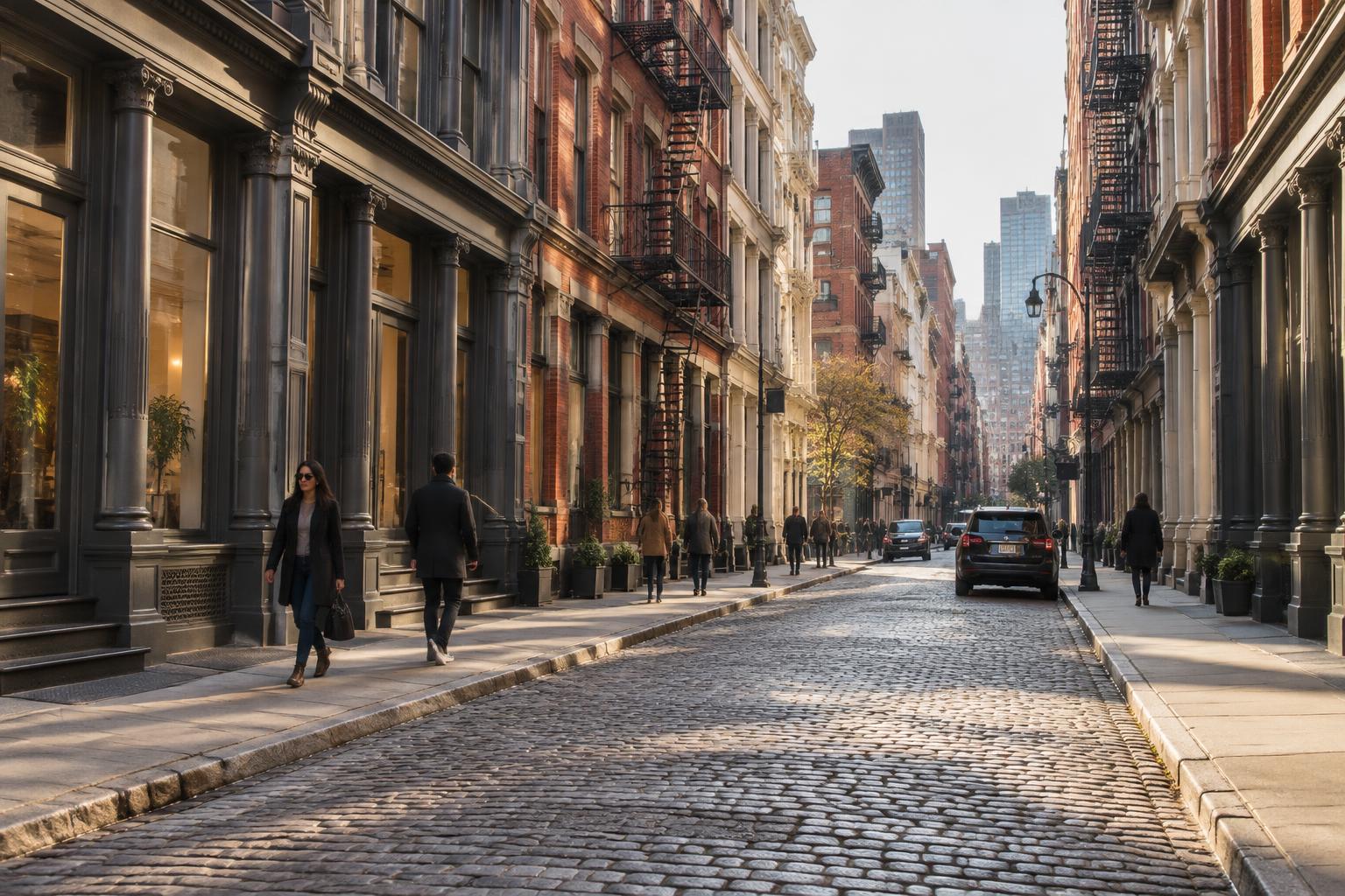 Cast-iron facades and cobblestones in Tribeca