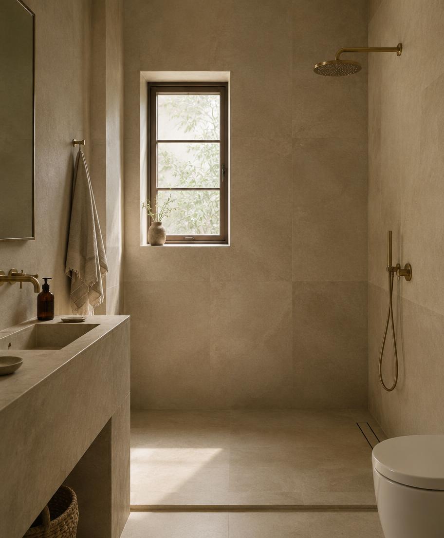 Bathroom in travertine with a freestanding tub