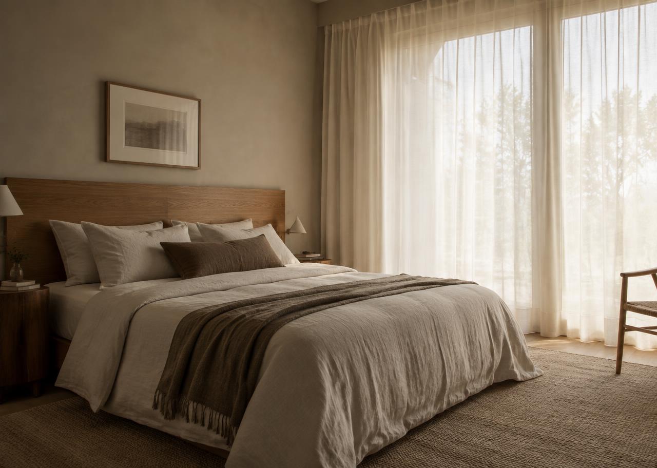 Bedroom in oak and linen facing the courtyard