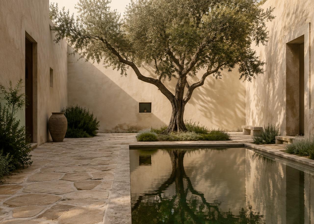 Planted courtyard with lime-washed walls and olive trees