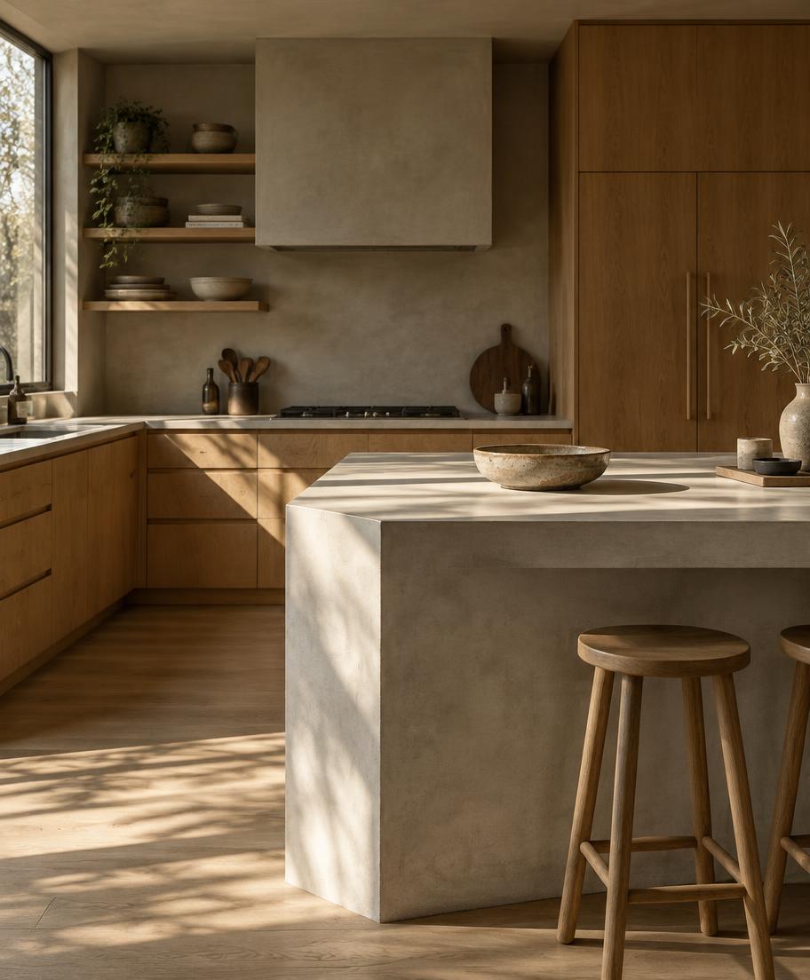 Kitchen in Portuguese limestone with brass fittings