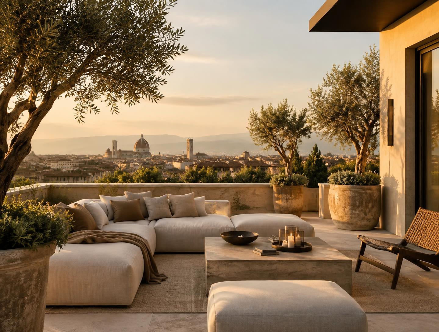 Rooftop terrace with olive trees at golden hour